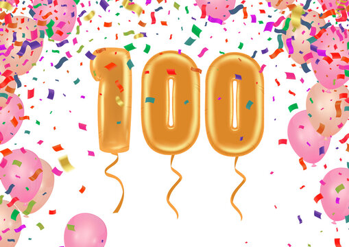 100 years anniversary and birthday with template design on background colorful balloon and colorful tiny confetti pieces for celebration