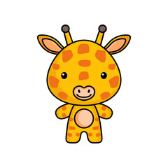 Cute cartoon giraffe logo template on white background. Mascot animal character design of album, scrapbook, greeting card, invitation, flyer, sticker, card. Vector stock illustration.