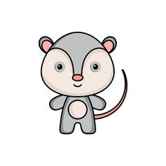 Cute cartoon opossum logo template on white background. Mascot animal character design of album, scrapbook, greeting card, invitation, flyer, sticker, card. Vector stock illustration.
