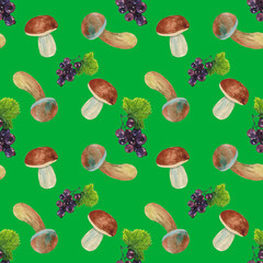 Seamless pattern with black currants and mushrooms on a green background, painted with watercolor.