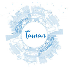Outline Tainan Taiwan City Skyline with Blue Buildings and Copy Space.