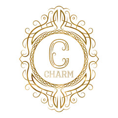 Golden label for charm boutique. Vector monogram logo in vintage patterned frame.