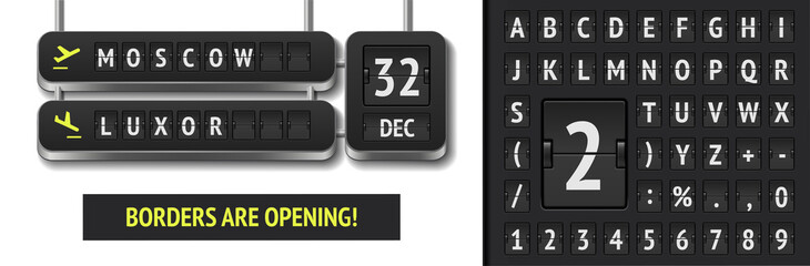 3D Airline departure scoreboard. Vector Realistic flip airport board template with date of flight. Airport alphabet board with destinations in Moscow and Luxor.