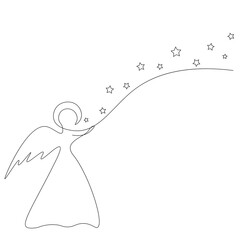 Christmas angel with stars line drawing vector illustration