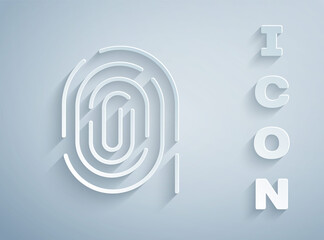 Fototapeta premium Paper cut Fingerprint icon isolated on grey background. ID app icon. Identification sign. Touch id. Paper art style. Vector.