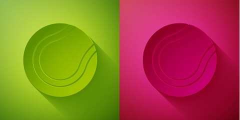 Obraz premium Paper cut Tennis ball icon isolated on green and pink background. Sport equipment. Paper art style. Vector.