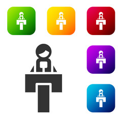 Black Stage stand or debate podium rostrum icon isolated on white background. Conference speech tribune. Set icons in color square buttons. Vector.