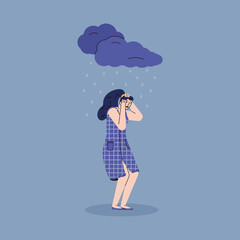 Depressed young woman stands in rain from a dark clouds covering her head with her hands. Sad unhappy girl tries to protection from pain or stress. Vector line illustration