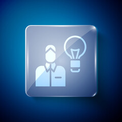 White Human with lamp bulb icon isolated on blue background. Concept of idea. Square glass panels. Vector.