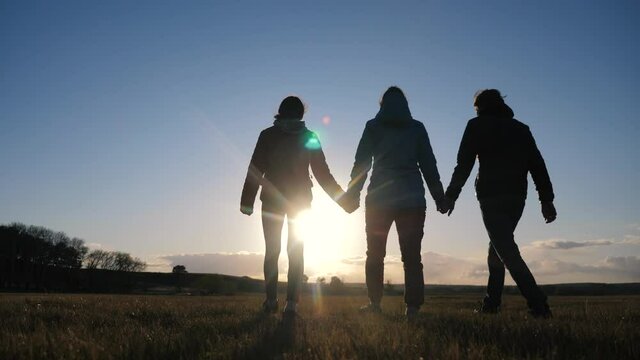 happy family and dog silhouette walking at sunset lifestyle teamwork. group of friends people walking holding hands slow motion video. Teamwork happy family party and pet concept