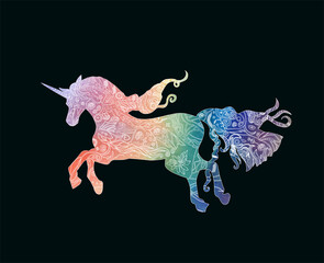 Beautiful watercolor unicorn with white tracery isolated on the black background. Vector illustration