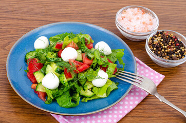 Fresh vegetable salad with mozzarella balls. Photo