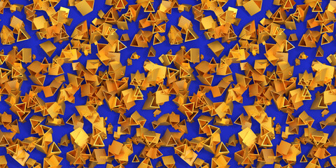 Abstract seamless texture from golden pyramids in chaotic order. 3d illustration