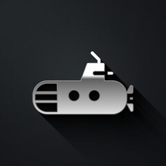 Silver Submarine icon isolated on black background. Military ship. Long shadow style. Vector.