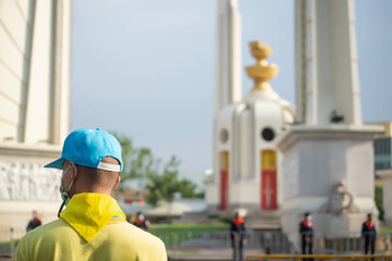 Police and BMA Law Enforcement stand guard around The Democracy Monument before event memorial...