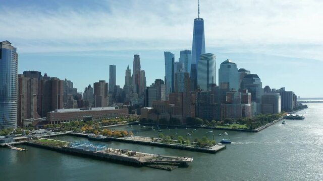 flying south and tilting down on tip of Pier 26 in NYC