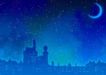 おとぎの国のお城と夜の風景