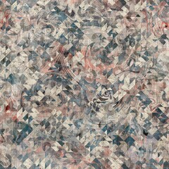 Chic formal grungy geometric shapes texture seamless pattern. High quality illustration. Strange abstract geo design in a trendy posh exotic style. Grainy fabric texture overlay.