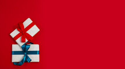 Gift Boxes stock photo banner.Red background.USA.