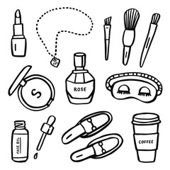 Woman's morning beauty routine attributes. Hand drawn black ink vector set. Doodle style.