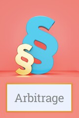 Arbitrage. Paragrafen über Schild mit Text. Wort im goldenen Bilderrahmen. Recht, Gesetz, Anwalt. Rosa Hintergrund
