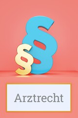 Arztrecht. Paragrafen über Schild mit Text. Wort im goldenen Bilderrahmen. Recht, Gesetz, Anwalt. Rosa Hintergrund