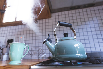 Close up of kettle on gas burner in kitchen