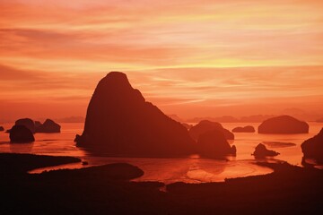 Beautiful landscape sunrise mountain viewpoint of Phang Nga Bay from Samed Nang Chee, Thailand.