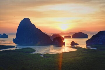 Beautiful landscape sunrise mountain viewpoint of Phang Nga Bay from Samed Nang Chee, Thailand.