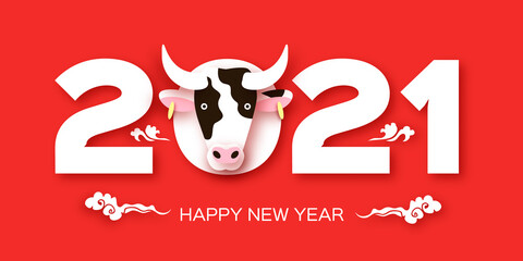 Happy Chinese New Year Banner Template. 2021 symbol bull, ox, cow. Chinese Zodiac. Lunar horoscope sign in paper cut style. Red background.