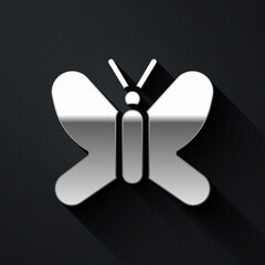 Silver Butterfly icon isolated on black background. Long shadow style. Vector.