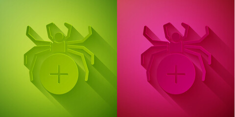 Paper cut Spider icon isolated on green and pink background. Happy Halloween party. Paper art style. Vector.