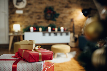 Close-up of Christmas presents at home.