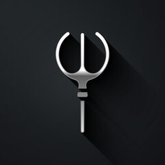 Silver Neptune Trident icon isolated on black background. Long shadow style. Vector.