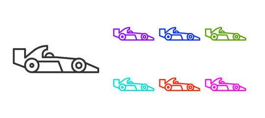 Icône de voiture de course de Formule 1 ligne noire isolé sur fond blanc. Définir des icônes colorées. Illustration vectorielle.