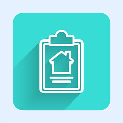 White line House contract icon isolated with long shadow. Contract creation service, document formation, application form composition. Green square button. Vector Illustration.