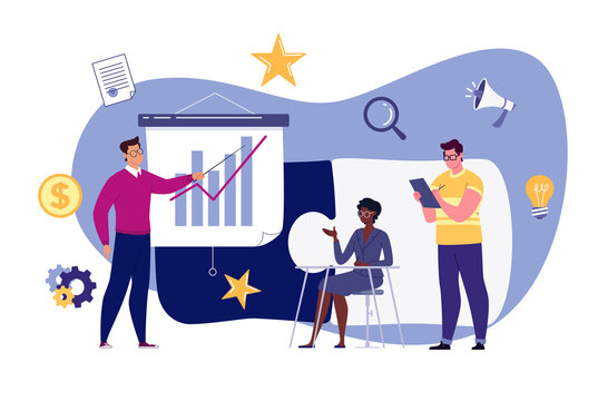 Business team metaphor. The concept of building a business system, solving problems, brainstorming, recruiting, teamwork, collaboration. Vector illustration in flat cartoon style.