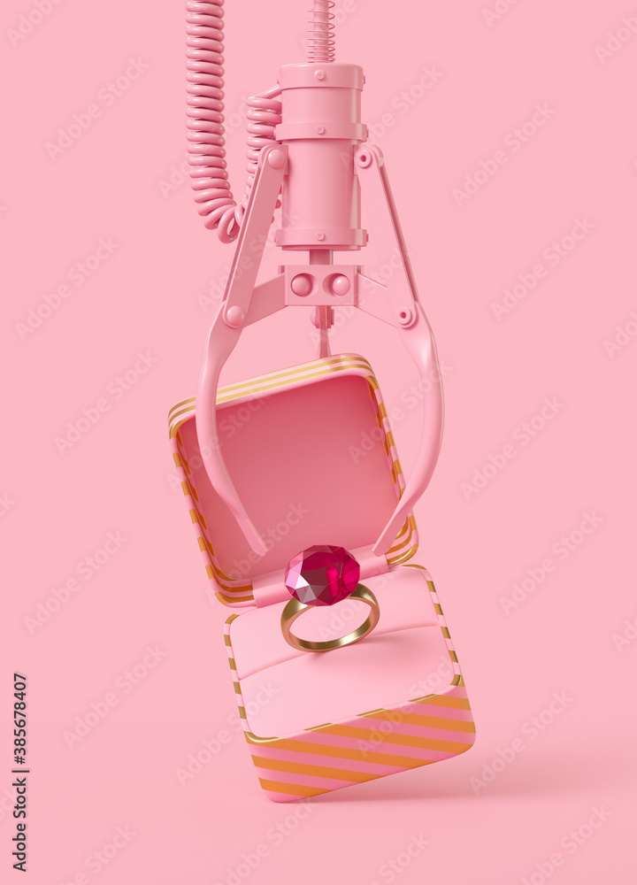 Poster minimal happiness object for love, wedding and valentine concept. pink ring catch claw machine on pi