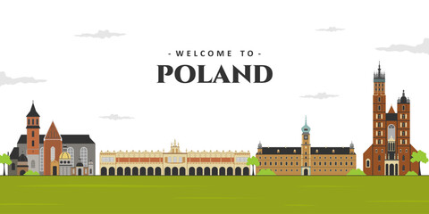 Panoramic view of Poland. City landscape in old town Poland with famous landmark building. Business travel vacation guide of goods, places and features