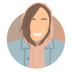 Smiling girl in pink hoodie. Faceless young woman with brown hair in gradient circle. Vector illustration in flat style.