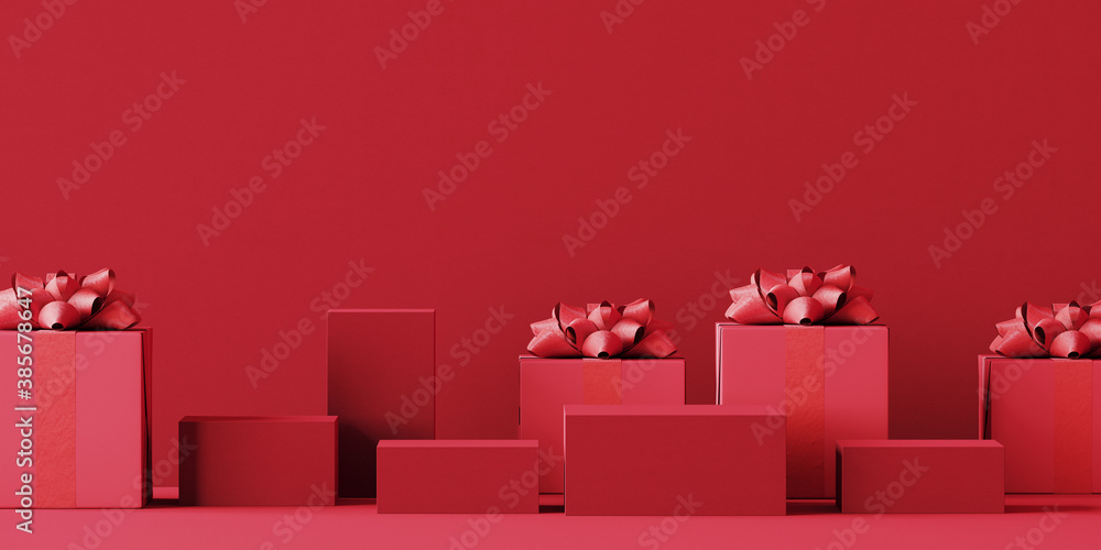 Poster minimal product background for christmas, new year and sale event concept. red gift box with red rib