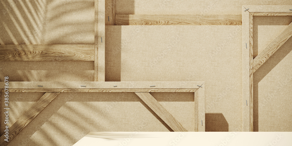 Poster minimal background for product presentation. sunshade shadow on back of wood frame artist painting c