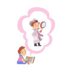 Boy Reading Book about Detective with Magnifying Glass, Kids Imagination Concept, Fairy Tales, Stories, Discoveries Cartoon Style Vector Illustration