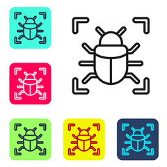Black line System bug concept icon isolated on white background. Code bug concept. Bug in the system. Bug searching. Set icons in color square buttons. Vector.