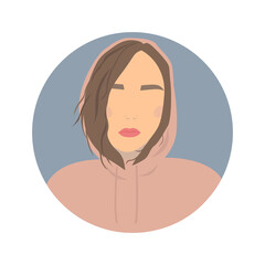 Faceless young girl with brown hair in pink hoodie. Avatar of teenager. Vector flat illustration.