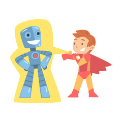 Cute Boy Superhero and Robot, Kids Imagination Concept, Fairy Tales, Stories, Discoveries Cartoon Style Vector Illustration