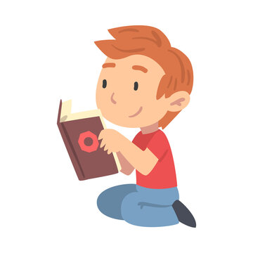 Curious Boy Reading Book, Young Fan of Literature, Fairy Tales, Stories, Discoveries Cartoon Style Vector Illustration
