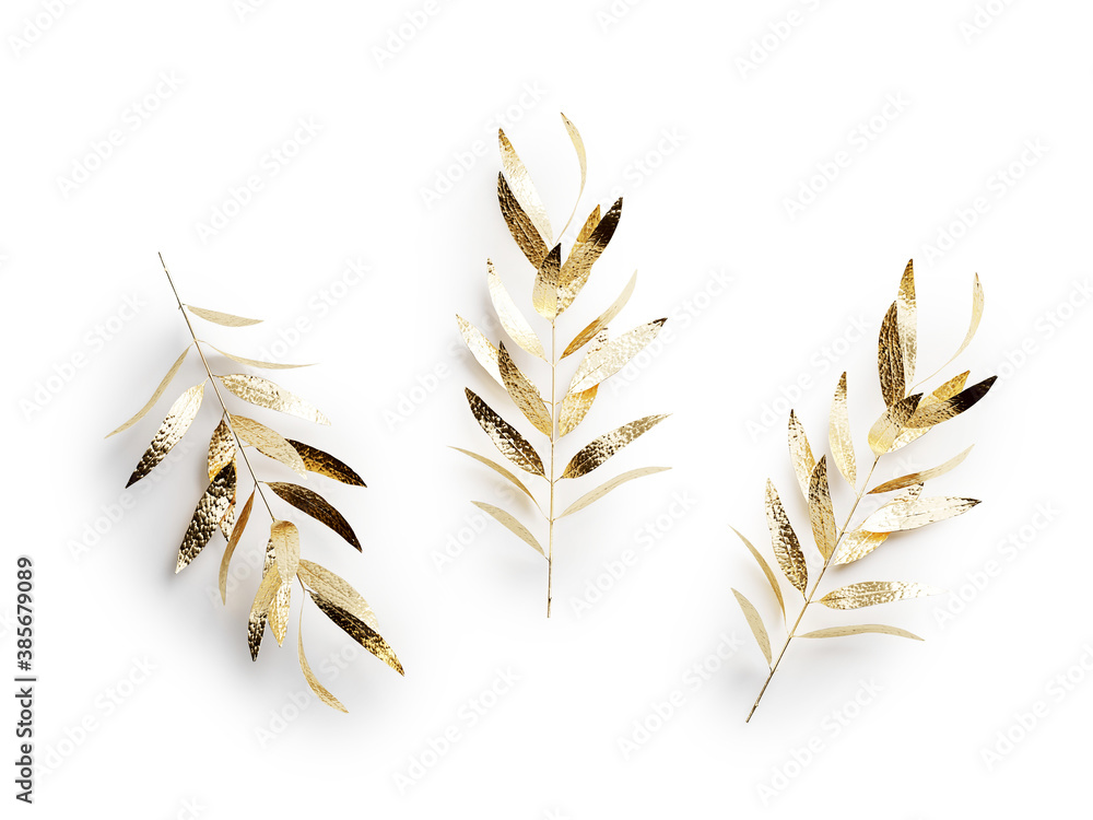 Poster minimal element for christmas and new year concept. golden leaf isolated on white background 3d rend