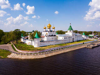 Panoramic cityscape with Ipatievsky monastery in Russian city Kostroma
