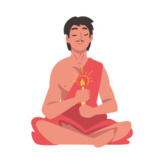 Indian Man in Traditional Clothes with Candle Sitting in Lotus Position, People Celebrating Diwali Hindu Holiday Light Festival Cartoon Style Vector Illustration